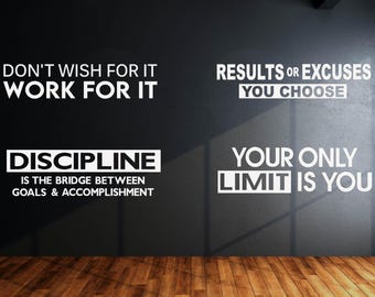 Gym wall decals SET OF 4 saying , Motivational Home Gym Lettering wall decor, fitness decal, discipline your only limit result or excuses