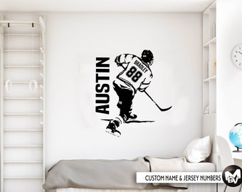 Hockey Custom Vinyl Wall Decal - Personalized Ice Hockey Player,  name, jersey numbers, Surname boy Bedroom decor, man cave