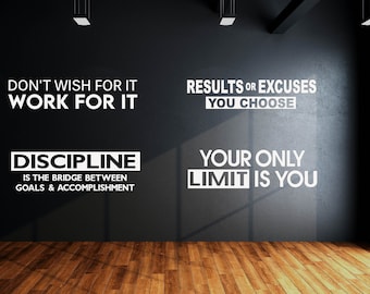 Gym wall decals SET OF 4 saying , Motivational Home Gym Lettering wall decor, fitness decal, discipline your only limit result or excuses