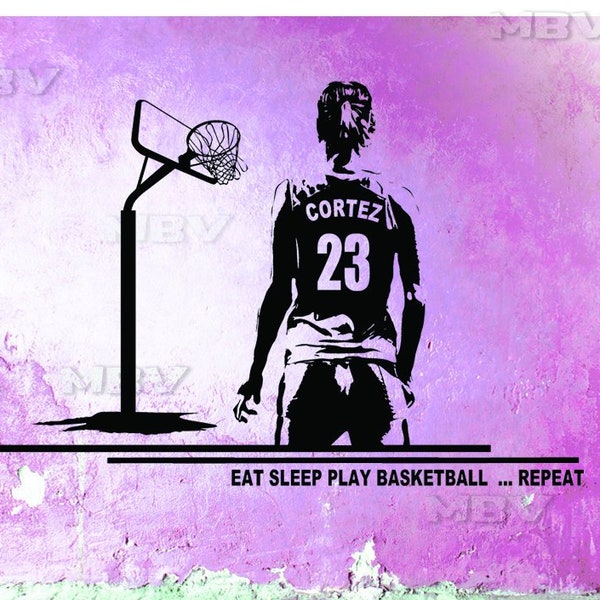 Basketball Wall Decor - Female Player Wall Decal - CUSTOM NAME and jersey numbers -  Girl Bedroom decor vinyl sticker - eat sleep repeat