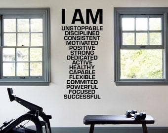 I AM Inspirational Wall Decal Fitness | Home gym Workout Motivational Quote Office Studio Room Vinyl Decor Positive Unstoppable, discipline