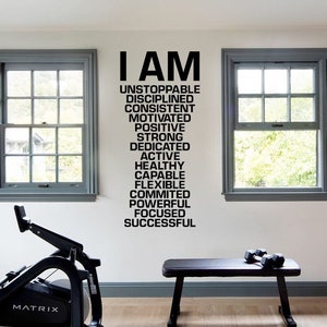 I AM Inspirational Wall Decal Fitness | Home gym Workout Motivational Quote Office Studio Room Vinyl Decor Positive Unstoppable, discipline