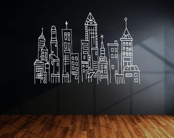 Doodled City Vinyl Wall Decal: Hand-Drawn Skyline for Kids