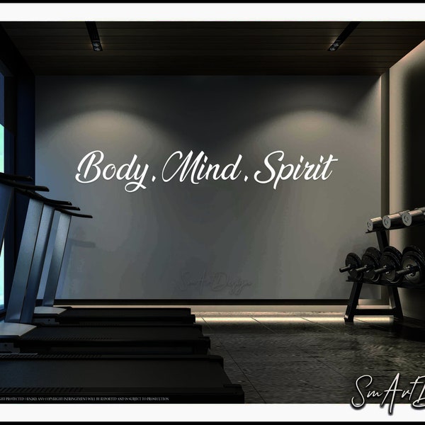 Body Mind Spirit Wall Decal, Yoga room decor, fitness studio vinyl lettering, Positive inspirational home gym self care quotes