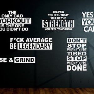 Gym wall decals ( PACK OF 6 ) quotes , Motivational Home Gym wall decor, fitness decal, yes you can, bad workout, don&#39;t stop, be legendary