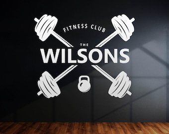 Personalized Gym Wall Decal Custom Fitness Name Sign Home Gym Decor Workout Wall Sticker Barbell Kettlebell Vinyl Decal Custom Gym Sign