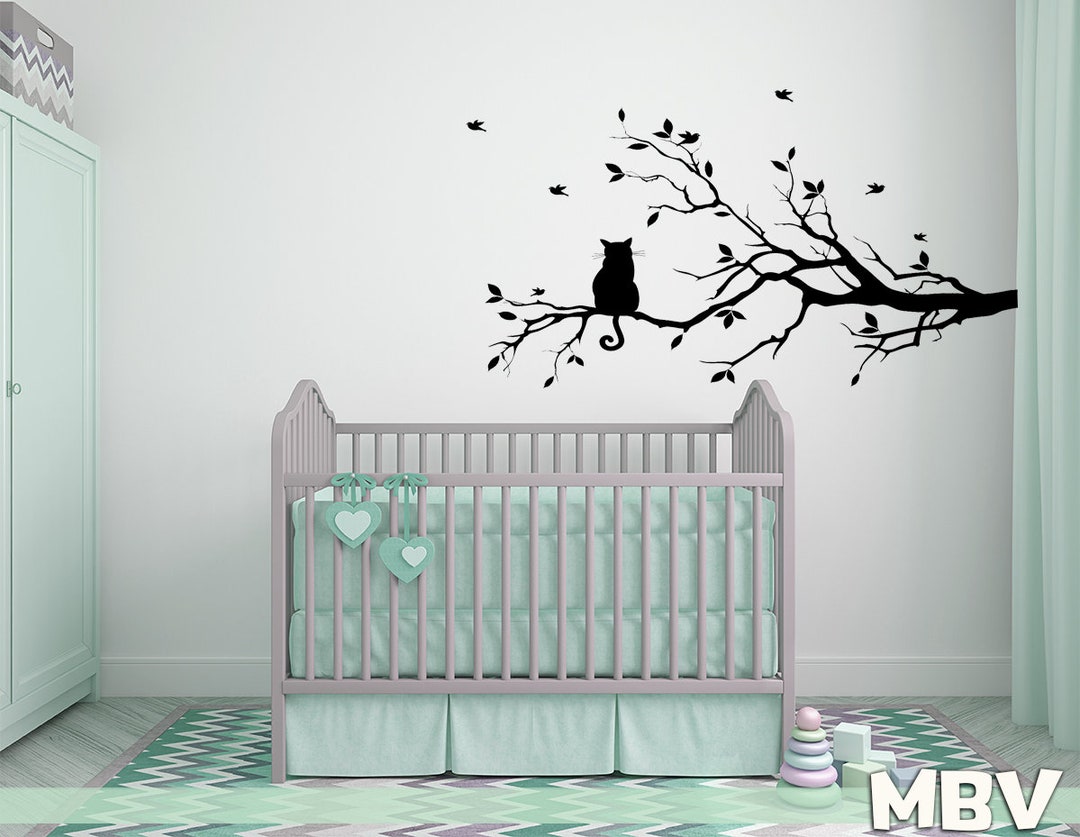 Cat on Branch Wall Decor - Cat Decal Tree Branches Flying Birds Wall ...