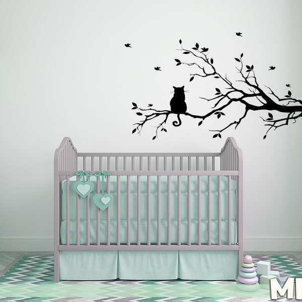 Cat on Tree Branch Wall Decal – Vinyl Cat Silhouette with Birds Sticker for Nursery, Bedroom, or Living Room Decor