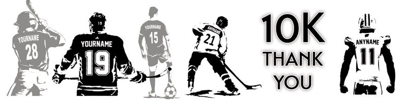 May include: A black and white graphic featuring silhouettes of five athletes in various sports uniforms with the text 10K THANK YOU. The figures include a baseball player, a hockey player, a soccer player, another hockey player, and a football player.