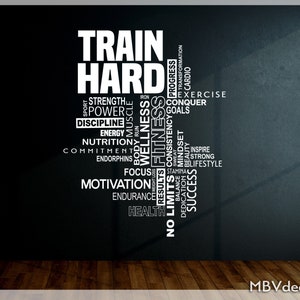 Train Hard Vinyl Gym Wall Decal , Large Fitness Collage, Inspirational words, Home gym Cloud, Gym Decor, Motivational Gym office wall art