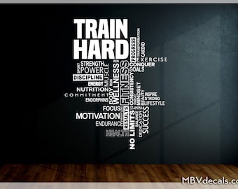 Train Hard Vinyl Gym Wall Decal , Large Fitness Collage, Inspirational words, Home gym Cloud, Gym Decor, Motivational Gym office wall art