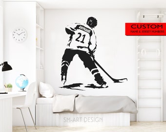 Personalized Name Wall Decal Ice Hockey player, Custom Wall Art for Boys Bedroom Decor. Put your kids name and his jersey numbers, gift idea
