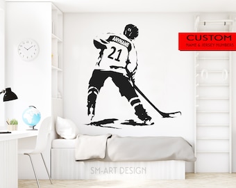 Personalized Name Wall Decal Ice Hockey player, Custom Wall Art for Boys Bedroom Decor. Put your kids name and his jersey numbers, gift idea