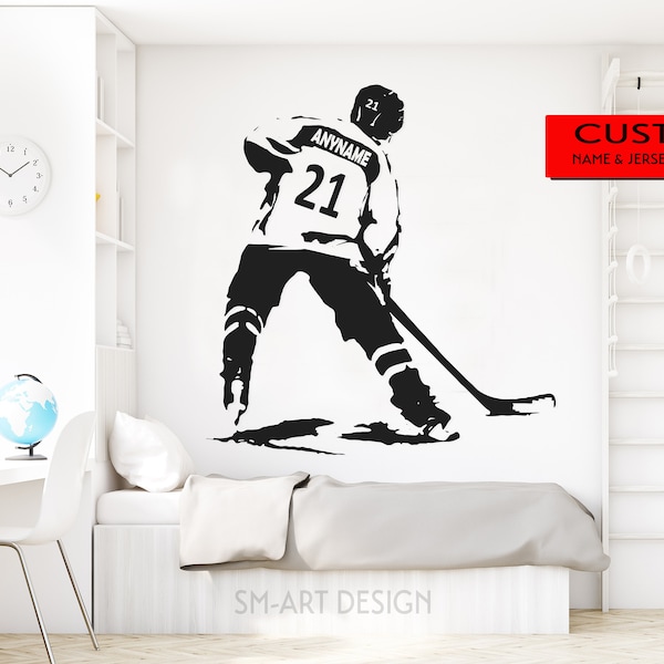 Personalized Name Wall Decal Ice Hockey player, Custom Wall Art for Boys Bedroom Decor. Put your kids name and his jersey numbers, gift idea