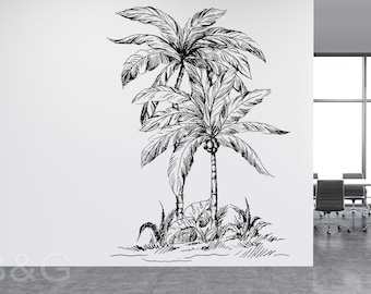 Tropical palm trees with leaves decal | Exotic palm tree vinyl sticker | Palm tree with mature young plants decor | Coconut palm tree | B&G