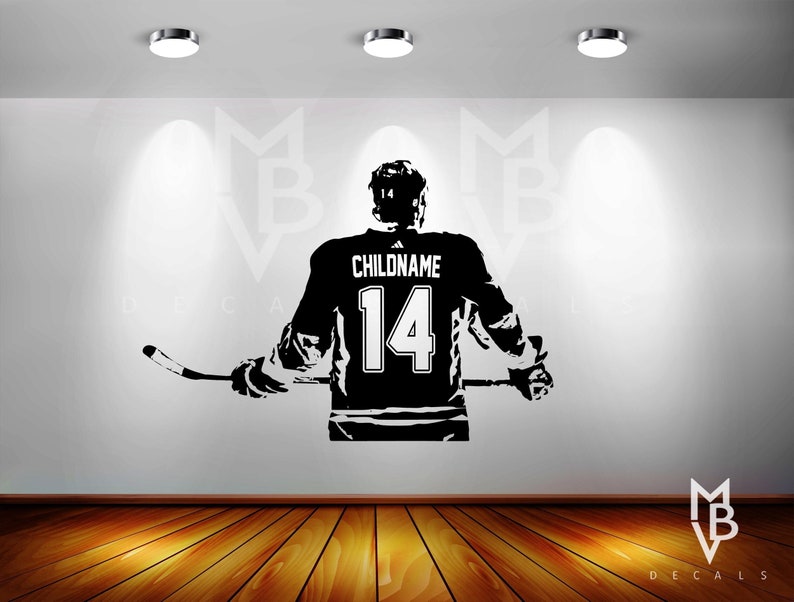 Hockey Wall Art - Custom Name Hockey Decal - Right Left handed Hockey Wall decor - Ice Hockey vinyl sticker - Choose Name and Jersey Numbers