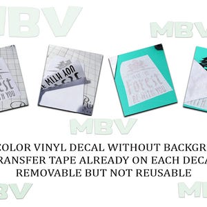 May include: A set of four one-color vinyl decals featuring a graphic of pine trees and the text "MAY THE FOREST BE WITH YOU". The decals are shown with transfer tape applied, demonstrating the application process on various surfaces and backings.