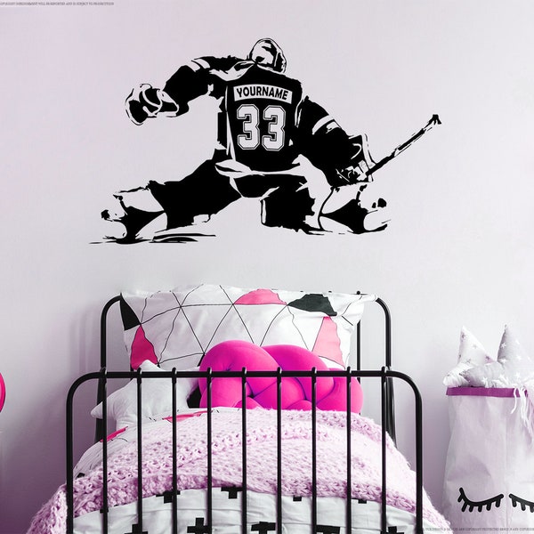 Female Hockey Goalie Vinyl Decal - CUSTOM NAME Girl Goalkeeper - ice hockey wall art - goaltender woman sticker sports bedroom decor