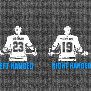 May include: A graphic illustration on a dark textured background showing two hockey players from behind. The left player wears jersey number 23 with the name KIESMAN, labeled LEFT HANDED. The right player wears jersey number 19 with YOURNAME, labeled RIGHT HANDED.