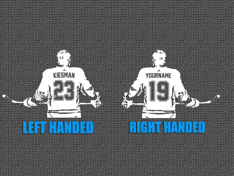 May include: A graphic illustration on a dark textured background showing two hockey players from behind. The left player wears jersey number 23 with the name KIESMAN, labeled LEFT HANDED. The right player wears jersey number 19 with YOURNAME, labeled RIGHT HANDED.