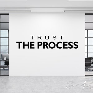 Può includere: Un muro bianco con il testo "TRUST THE PROCESS" in lettere nere. Il muro si trova in un ambiente d'ufficio moderno con pareti in vetro e un tavolo da conferenza con sedie.