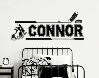 Wall Decal Hockey - Personalized Name Hockey Design - Hockey skates, stick & puck graphics - boy/girl hockey bedroom decor