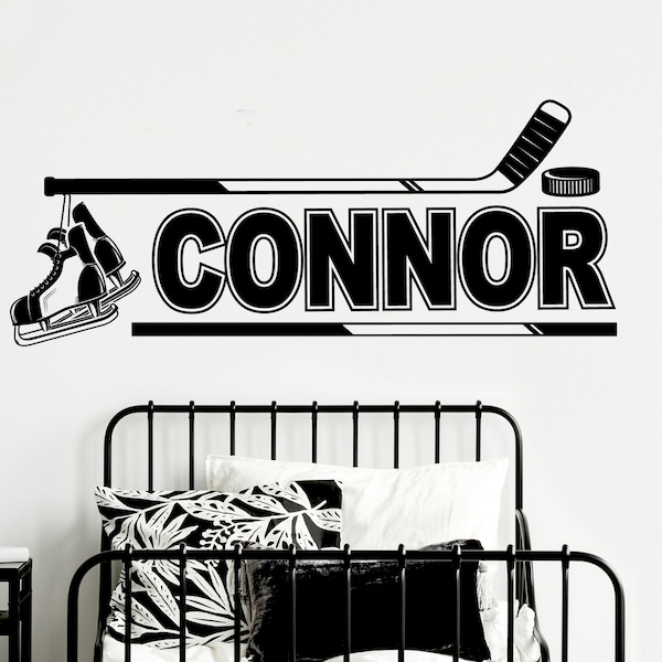 Wall Decal Hockey - Personalized Name Hockey Design - Hockey skates, stick & puck graphics - boy/girl hockey bedroom decor