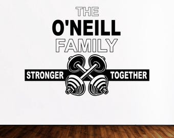 Personalized Family Gym Wall Decal Custom Name Workout Sign Stronger Together Home Gym Decor Barbell Fitness Wall Art