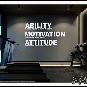 Könnte beinhalten: Moderner Fitnessraum mit Laufbändern, Hanteln und motivierendem Text an der Wand. Der Text lautet: "ABILITY is what you're capable of doing. MOTIVATION determines what you do. ATTITUDE determines how well you do it."
