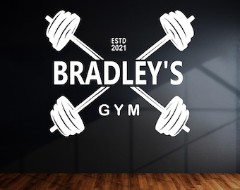 Personalized Gym Wall Decal Custom Fitness Name Sign Home Gym Decor Workout Wall Sticker Barbell Kettlebell Vinyl Decal Custom Gym Sign