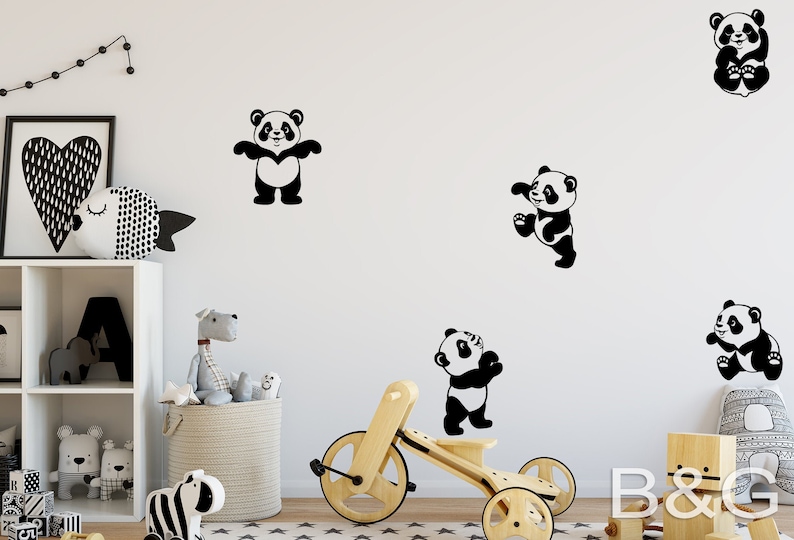 Panda wall decals Set of 5 Panda Stickers Panda mural vinyl sticker Nursery wall decal Cute animal decal wall art nursery B&G image 1