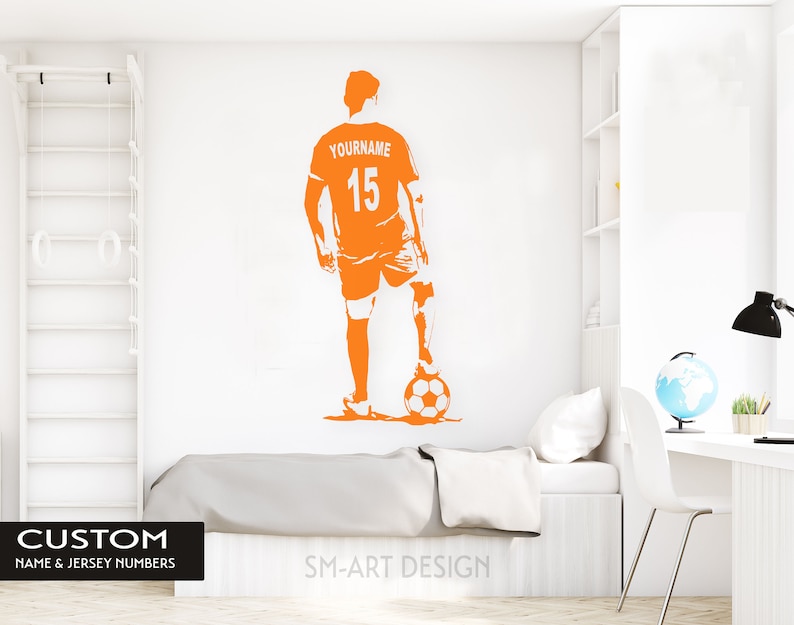 Soccer Wall Art Custom Name Football Decal Soccer football player Wall decor silhouette vinyl sticker Choose Name and Jersey Numbers image 2