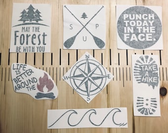 Vinyl Decals, GO OUTSIDE Pack (7) - car window - laptop sticker - hiking, forest, wave, compass, stand up paddle, campfire, travel, nature