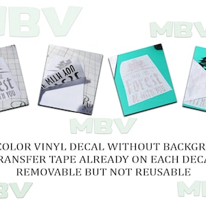 May include: A vinyl decal with the text "May the Forest be with you" and a silhouette of pine trees. The decal is on a white background with transfer tape already applied. The decal is one color and does not have a background.