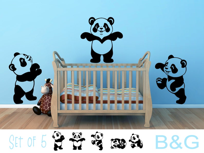 Panda wall decals Set of 5 Panda Stickers Panda mural vinyl sticker Nursery wall decal Cute animal decal wall art nursery B&G image 3