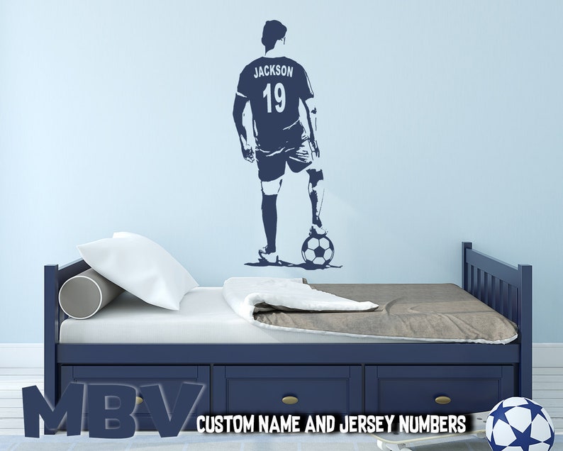 Soccer Wall Art Custom Name Football Decal Soccer football player Wall decor silhouette vinyl sticker Choose Name and Jersey Numbers image 7