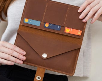 Engraved leather long wallet, Handmade leather wallet women, Custom womens wallet, Leather wallet with initials, Long bifold wallet