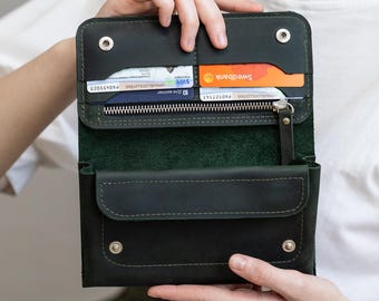 Handmade leather long wallet, Engraved wallet for women, Wallet with phone pocket, Custom womens wallet, Leather wallet with initials