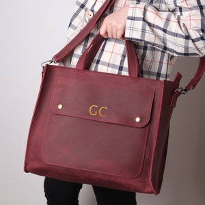 Grand sac en cuir bordeaux, sac de travail pour ordinateur portable, grand sac à bandoulière bordeaux, sac à poignée en cuir bordeaux, sac fourre-tout bordeaux personnalisé
