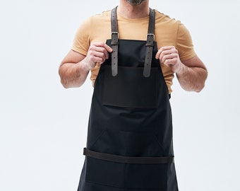 Black canvas apron,Leather and canvas apron,Men's apron,Barista apron,Restaurant apron,Cooking apron,Apron with pockets,Bartender apron