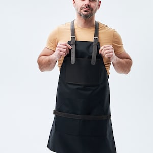 Black canvas apron,Leather and canvas apron,Men&#39;s apron,Barista apron,Restaurant apron,Cooking apron,Apron with pockets,Bartender apron