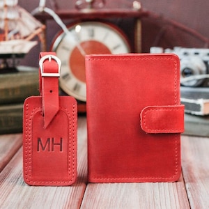 Paspoorthoes en bagagelabel met monogram, Gepersonaliseerde lederen bagagelabels, Gepersonaliseerde paspoorthouder en bagagelabel