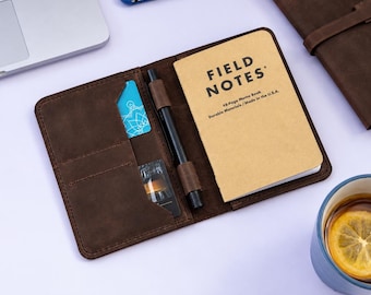 Leather Field Notes Cover with Pen Holder and Card Slots, Personalized Pocket Notebook Wallet