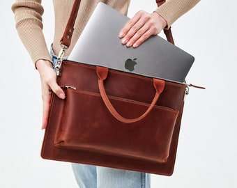 Borsa per laptop marrone da 17 pollici, borsa per laptop in pelle da donna, borsa per macbook in pelle, borsa per laptop personalizzata da 16 pollici, borsa per laptop in pelle 15.6