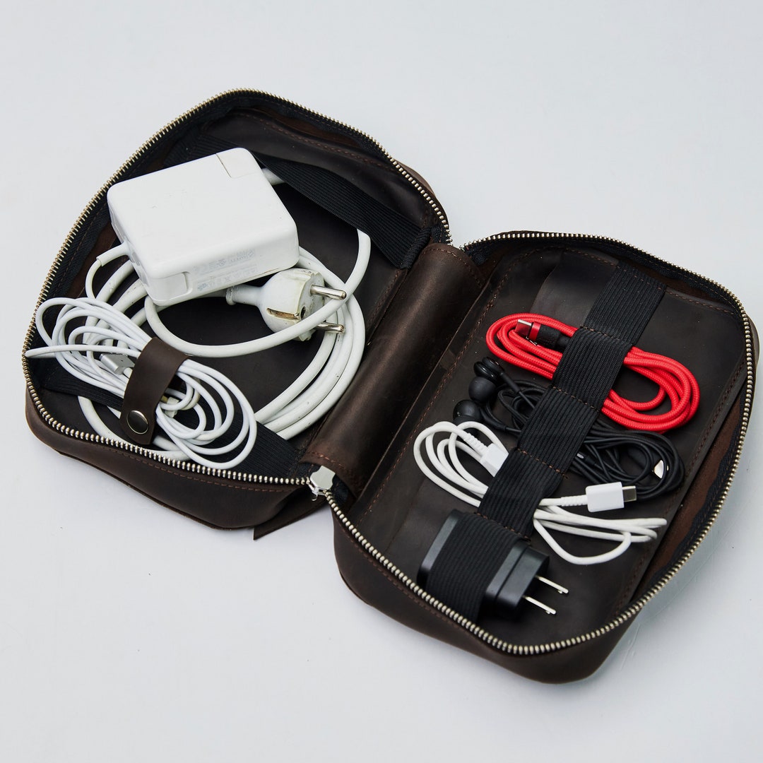 Leather Charger Case Leather Cable Organizer Personalized Etsy