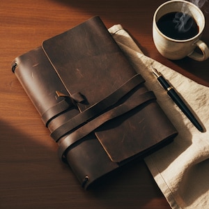 May include: A brown leather journal with a wrap-around strap closure. A cup of coffee and a fountain pen rest on a wooden surface next to the journal. The journal is open, revealing blank pages.