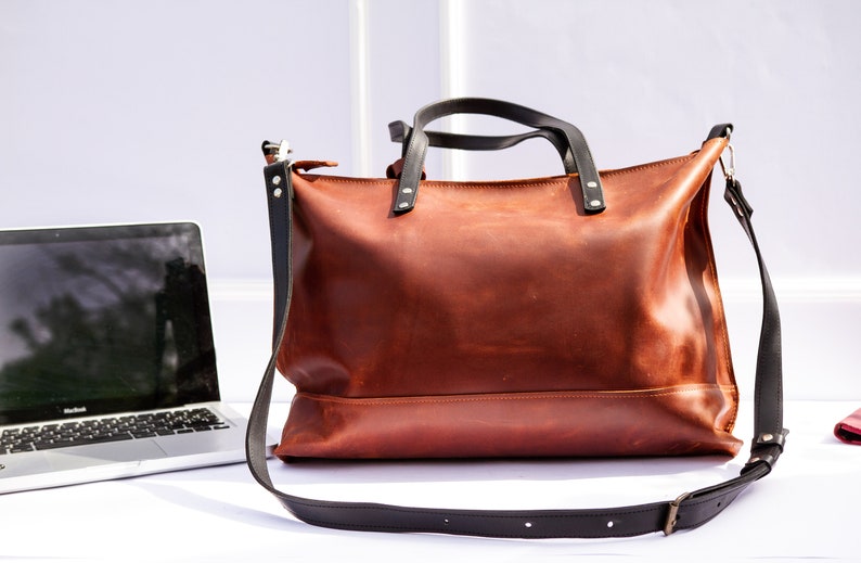 Laptop bag women,Leather satchel bag women,Monogram leather bag,Large leather tote,Leather laptop bag women,Leather laptop bag,Work bag image 4