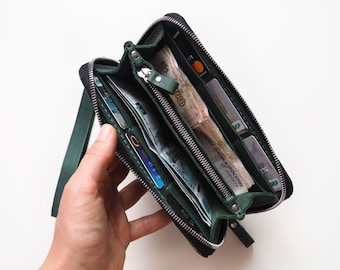 Zippered wallet women,Zipper wallet,Women's zippered leather wallet,Green zipper wallet,Leather zipper wallet women,Small zipper wallet