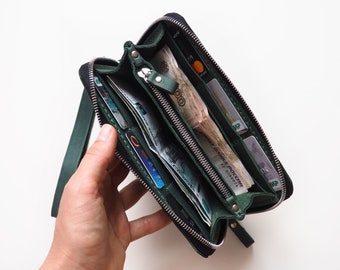 Zippered wallet women,Zipper wallet,Women's zippered leather wallet,Green zipper wallet,Leather zipper wallet women,Small zipper wallet