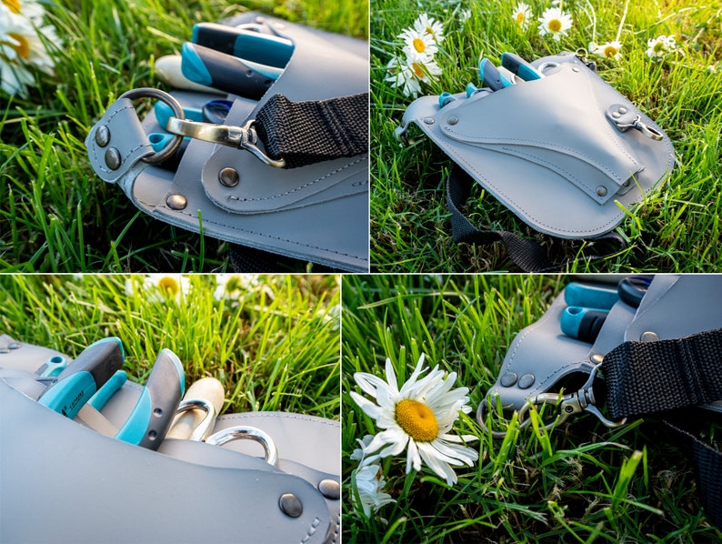 May include: A gray leather gardening tool belt with a black strap and multiple pockets. The belt is filled with gardening tools, including shears, a trowel, and a pruning saw.